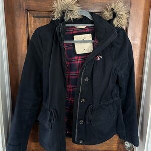 Hollister Women's blue Utility Jacket with Faux Fur Trim